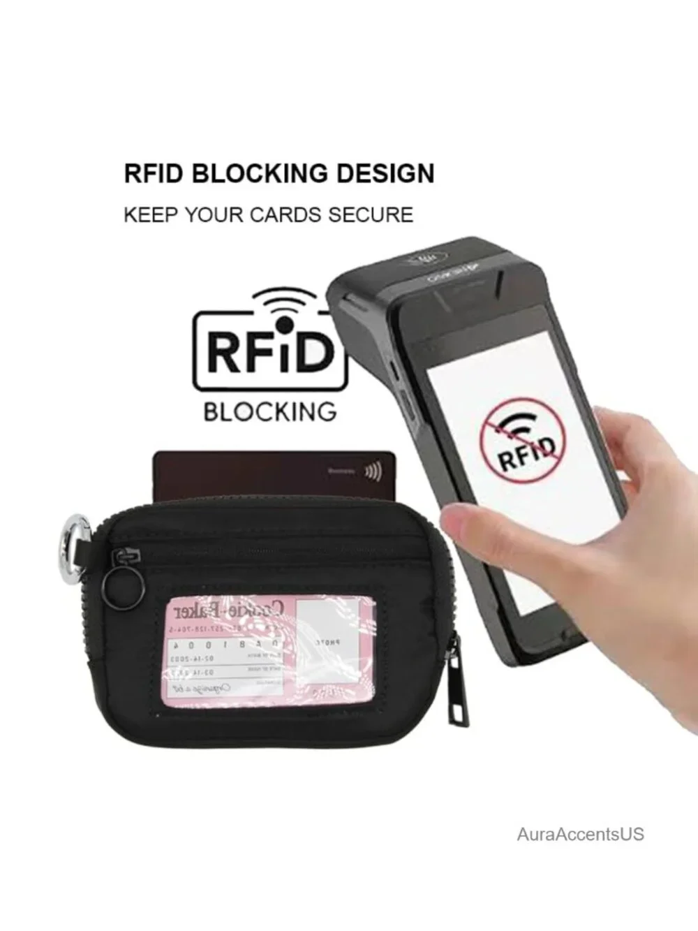 Compact RFID Blocking Wristlet Wallet with Clear ID Window, Zippered Coin Purse